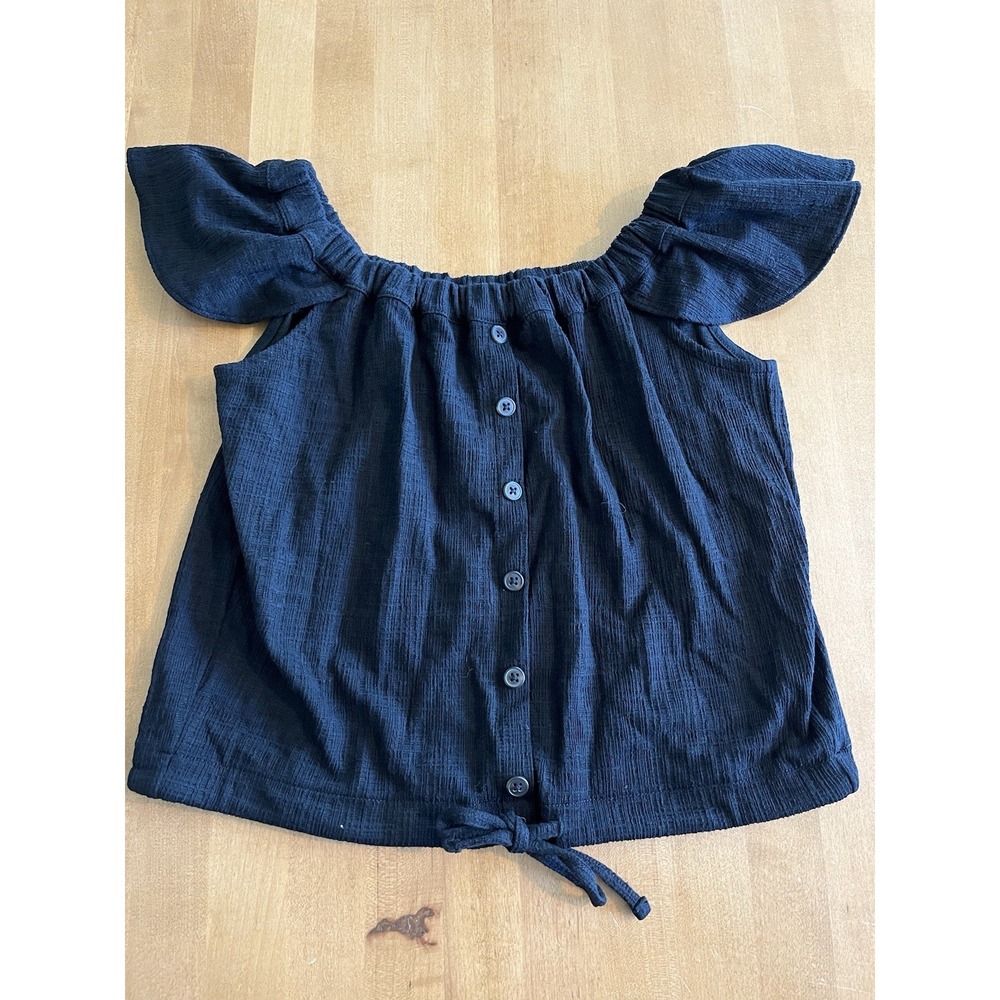 Madewell Button Front Boatneck Waist Tie Top Womens Sz XS Black Off Shoulder NEW